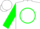 White, green quarter circle 'e' on back, green sleeves, green trim