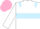 white, light blue hoop, light blue epaulettes, white sleeves, pink cap