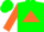 Hunter green, orange 'k' in triangle, orange sleeves