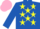 Royal blue, yellow stars, royal blue sleeves, pink cap
