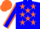 Blue body, orange stars, blue arms, orange seams, orange cap