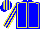 Blue, yellow seams, striped sleeves and cap