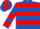 Royal blue, red hoops, chevrons on sleeves, striped cap