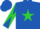 Royal blue, lime green star, royal blue and lime green diagonal quarters on sleeves