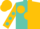 Turquoise, large gold spots, turquoise spots on gold sleeves, turquoise and gold halved cap