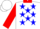 White, red collar, white, red and blue logos, blue stars and red cuffs on sleeves, white cap