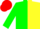 Green and yellow halved vertically, green sleeves, red cap