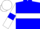 Blue body, white hoop, white arms, blue armlets, white cap, blue hooped