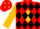Red, gold diamond frame, black diamonds on gold sleeves
