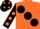 orange, large black spots, black sleeves, orange spots, black cap, orange spots