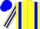 Yellow, blue braces, striped sleeves, halved cap