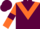 Garnet body, orange chevron, orange arms, garnet armlets, garnet cap, orange striped