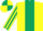 Yellow body, dark green stripe, yellow arms, dark green striped, yellow cap, dark green quartered