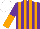 Purple, orange striped, purple, orange halved sleeves, white cap
