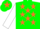 Green body, orange stars, white arms, green cap, orange star
