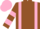 Brown, pink braces, brown, pink hooped sleeves, pink cap