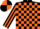 Black and orange check, striped sleeves, quartered cap