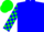 Blue, white fleur de lys, green and blue checked sleeves, green cap, white peak