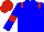 Blue body, red epaulettes, blue arms, red armlets, red cap, blue striped