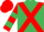 Emerald green, red cross belts, red and emerald green hooped sleeves, red cap