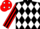 Black and white diamonds, red and black striped sleeves, red cap, white spots