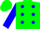 Florescent green, blue dots, blue sleeves