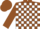 Brown and white blocks, brown sleeves, two white hoops, brown cap