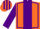 Orange, purple panel, purple seams on sleeves, striped cap