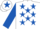 White, royal blue stars, royal blue sleeves, royal blue star on cap
