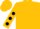 Gold, black 'jme', black dots on sleeves, gold cap