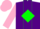 Purple, green diamond panel, purple stripe on pink sleeves, purple and pink cap