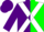 Purple and green halves, white 'dt' and cross sashes, purple sleeves, purple cap