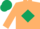 Beige body, dark green diamond, beige arms, dark green cap