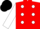 Red, white spots, white sleeves, black cap