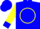 Blue, yellow emblem in circle, blue bands and cuffs on yellow sleeves