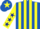 Royal blue and yellow stripes, yellow sleeves, dark blue stars, royal blue cap, yellow star