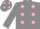 Grey, pink spots, grey sleeves, grey cap, pink spots