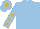 Light blue, orange stars on sleeves, light blue cap, orange star