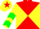 red body, yellow diabolo, yellow arms, green chevrons, yellow cap, red star