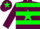 Garnet body, green star, garnet arms, green hooped, garnet cap, green star