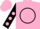 Pink, black circle and 'ml', black sleeves, pink dots, pink cap