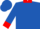 Royal blue, red 'mc', red cuffs and collar