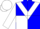 Blue, white triangular panel, blue and white quartered sleeves, white cap