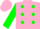 Pink, green dots, pink bars on green sleeves, pink cap