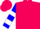 Hot pink, blue 'd', blue & white bars on sleeves