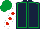 Dark blue, emerald green seams, white sleeves, red spots, emerald green cap