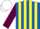Royal blue and yellow stripes, maroon sleeves, white cap