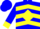 Blue, blue 'pg' in yellow diamond on back, yellow chevrons and cuffs