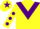 Yellow, purple chevron, purple spots on sleeves, purple star on cap
