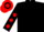Black, red spots on sleeves, hooped cap